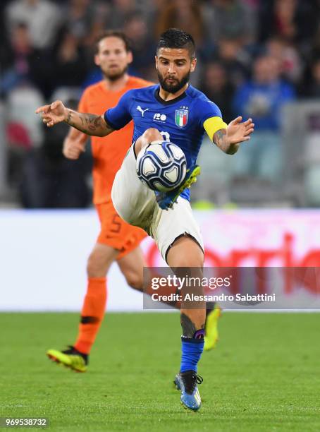 Lorenzo Insigne of Italy in action during the International Friendly match between Italy and Netherlands at Allianz Stadium on June 4, 2018 in Turin,...