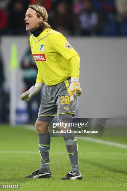 Timo Hildebrand of Hoffenheim shouts during the Bundesliga match between 1899 Hoffenheim and Borussia Moenchengladbach at Rhein-Neckar Arena on...