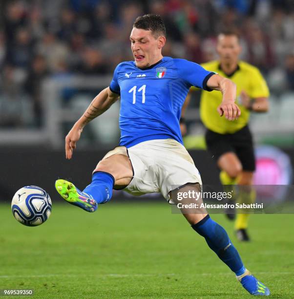 Andrea Belotti of Italy in action during the International Friendly match between Italy and Netherlands at Allianz Stadium on June 4, 2018 in Turin,...