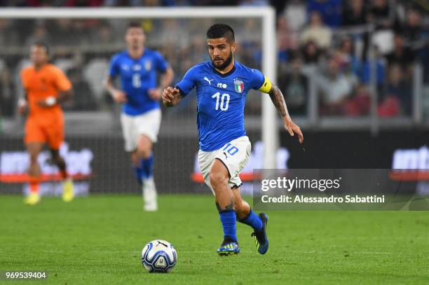 Lorenzo Insigne of Italy in action during the International Friendly match between Italy and Netherlands at Allianz Stadium on June 4, 2018 in Turin,...