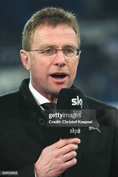 Head coach Ralf Rangnick of Hoffenheim speaks to sky television channel before the Bundesliga match between 1899 Hoffenheim and Borussia...