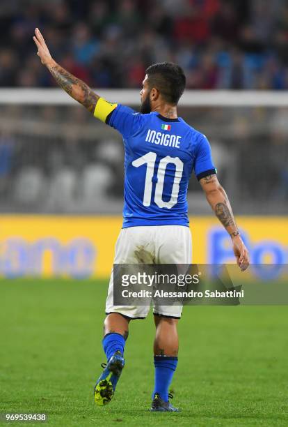 Lorenzo Insigne of Italy gestures during the International Friendly match between Italy and Netherlands at Allianz Stadium on June 4, 2018 in Turin,...