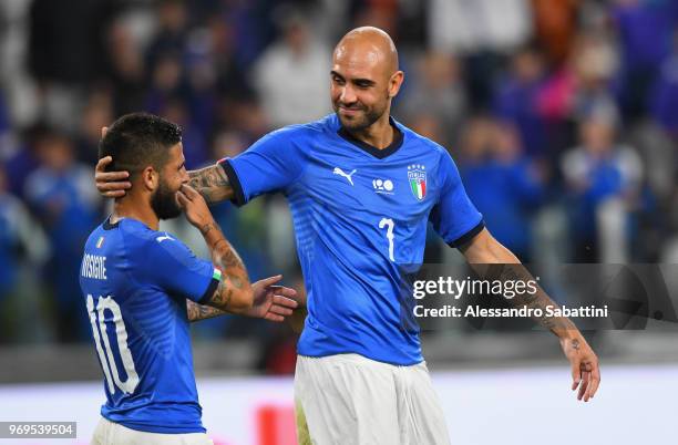 Simone Zaza of Italy celebrates after scoring the opening goal with team-mate Lorenzo Insigne of Italy during the International Friendly match...