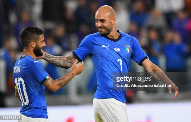 Simone Zaza of Italy celebrates after scoring the opening goal with team-mate Lorenzo Insigne of Italy during the International Friendly match...
