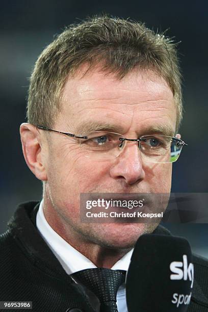 Head coach Ralf Rangnick of Hoffenheim speaks to sky television channel before the Bundesliga match between 1899 Hoffenheim and Borussia...