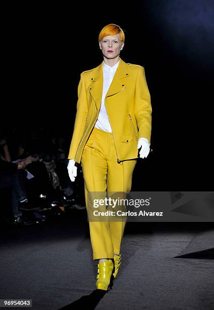 Spanish model Bimba Bose walks down the runway at the David Delfin show during Cibeles Madrid Fashion Week Autumn/Winter 2010 on February 22, 2010 in...