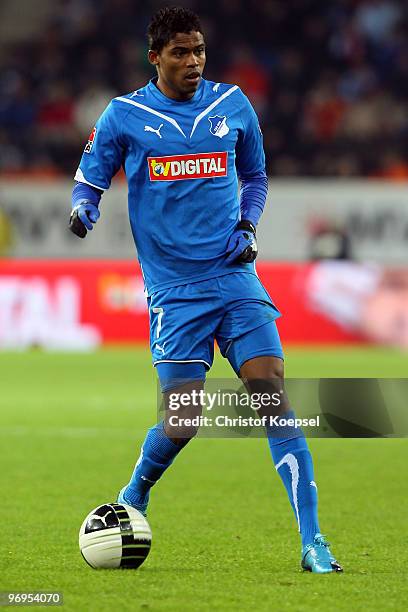 Maicosuel of Hoffenheim runs with the ball during the Bundesliga match between 1899 Hoffenheim and Borussia Moenchengladbach at Rhein-Neckar Arena on...