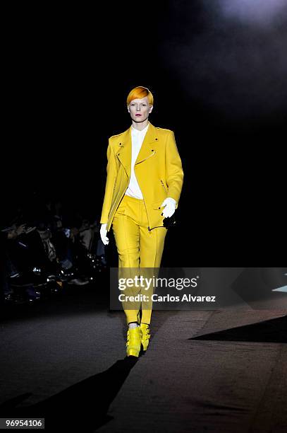 Spanish model Bimba Bose walks down the runway at the David Delfin show during Cibeles Madrid Fashion Week Autumn/Winter 2010 on February 22, 2010 in...