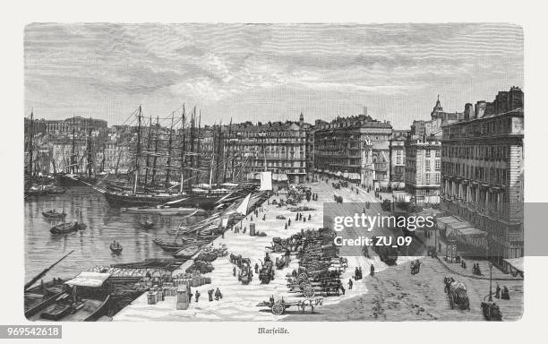 stockillustraties, clipart, cartoons en iconen met de haven van marseille, frankrijk, houtgravure, gepubliceerd in1897 - provence