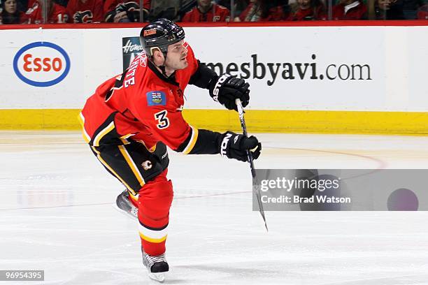 Ian White of the Calgary Flames skates against the Anaheim Ducks on February 13, 2010 at Pengrowth Saddledome in Calgary, Alberta, Canada. The Flames...