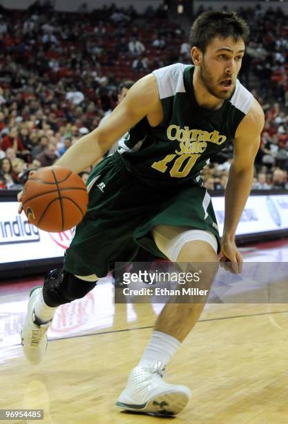 Travis Busch of the Colorado State Rams drives during a game against the UNLV Rebels at the Thomas & Mack Center February 20, 2010 in Las Vegas,...