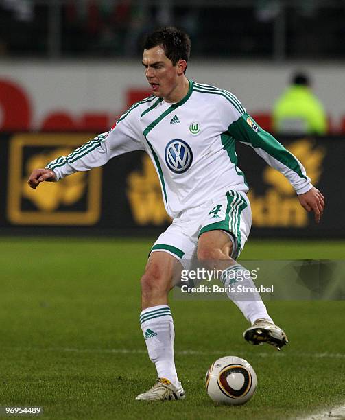 Marcel Schaefer of Wolfsburg runs with the ball during the Bundesliga match between VfL Wolfsburg and FC Schalke 04 at Volkswagen Arena on February...