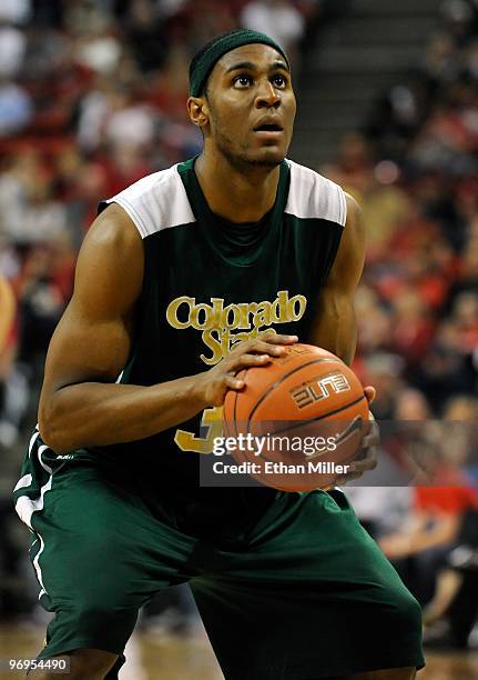 Andy Ogide of the Colorado State Rams prepares to shoot a free throw during a game against the UNLV Rebels at the Thomas & Mack Center February 20,...