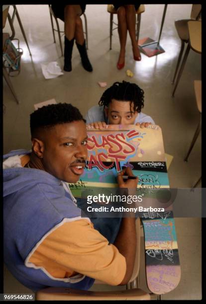 Portrait of Amercan Rap duo Kid 'n Play, composed of Christopher Martin and Christopher Reid , Los Angeles, California, early 1990s.