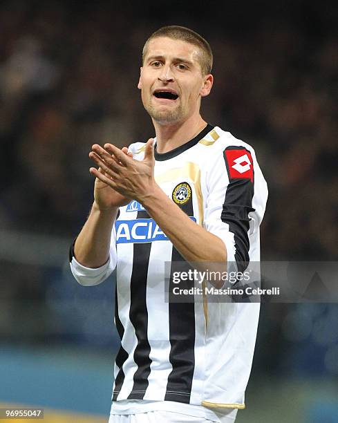 Andrea Coda of Udinese Calcio reacts during the Serie A match between Genoa CFC and Udinese Calcio at Stadio Luigi Ferraris on February 20, 2010 in...