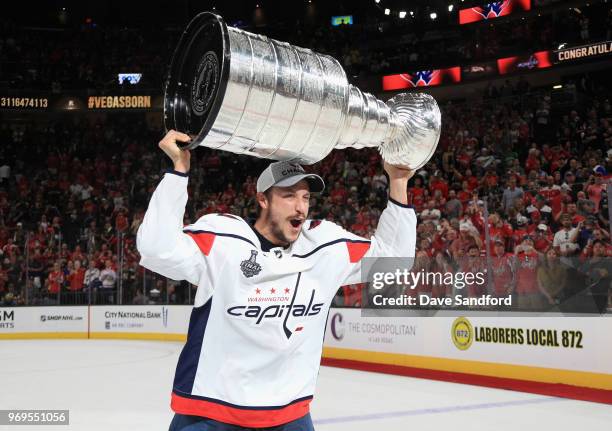 Jay Beagle of the Washington Capitals celebrates as he lifts the Stanley Cup after the Capitals defeated the Vegas Golden Knights 4-3 in Game Five of...