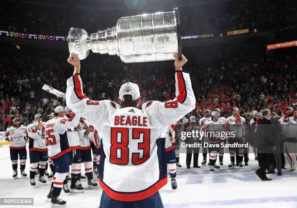 Jay Beagle of the Washington Capitals celebrates as he lifts the Stanley Cup after the Capitals defeated the Vegas Golden Knights 4-3 in Game Five of...