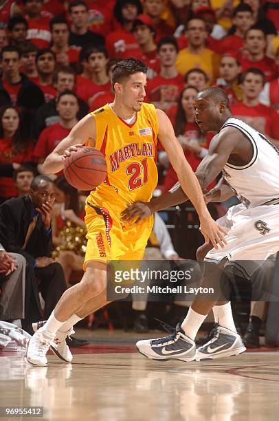 Greivis Vasquez of the Maryland Terrapins dribbles the ball during a college basketball game against the Georgia Tech Yellow Jackets on February 20,...