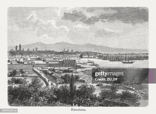 historical view of barcelona, catalonia, spain, wood engraving, published 1897 - barcelona beach stock illustrations