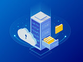 Isometric cloud computing concept represented by a server, with a cloud representation hologram concept. Data center cloud, computer connection, hosting server, database synchronize technology