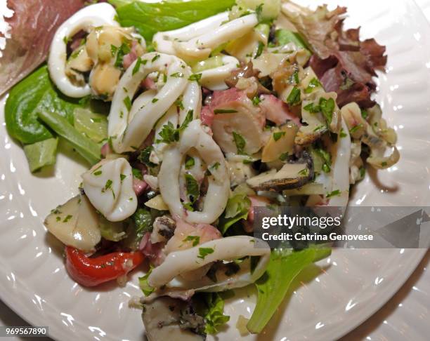 seafood salad with italian bread on the side served on christmas eve as part of the feast of the seven fishes. - side salad stock pictures, royalty-free photos & images