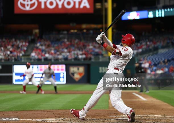 Aaron Altherr of the Philadelphia Phillies in action against the San Francisco Giants during a game at Citizens Bank Park on May 8, 2018 in...