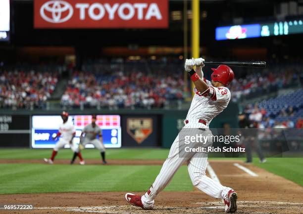 Aaron Altherr of the Philadelphia Phillies in action against the San Francisco Giants during a game at Citizens Bank Park on May 8, 2018 in...