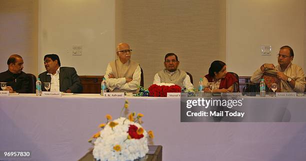 Senior BJP Leader L.K. Advani, Sharad Yadav, Sushma Swaraj, Arun Jaitley, Manohar Joshi and BJP President Nitin Gadkari during NDA meeting in New...