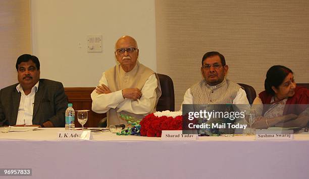 Senior BJP Leader L.K. Advani, Sharad Yadav, Sushma Swaraj and BJP President Nitin Gadkari during NDA meeting in New Delhi on Sunday, Feb. 21, 2010.