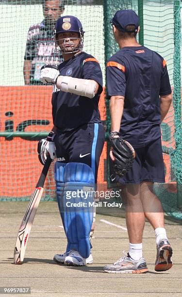 Sachin Tendulkar during a training session at The Sawai Mansingh Cricket Stadium in Jaipur on February 20, 2010.