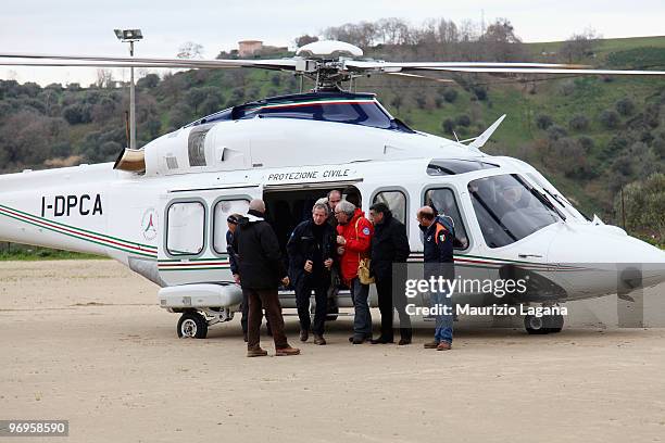 Head of civil protection Guido Bertolaso arrives by helicopter to visit the town of Maierato on February 22 near Reggio Calabria, Italy. The southern...