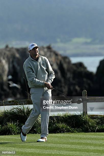 Trahan hits his tee shot on the 18th hole during the first round of the AT&T Pebble Beach National Pro-Am at Pebble Beach Golf Links on February 11,...