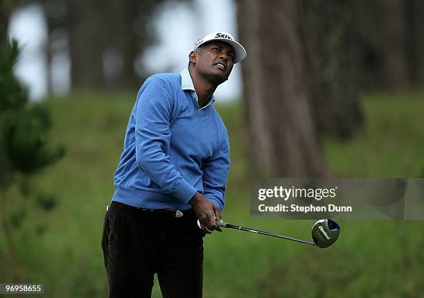 Vijay Singh of Figi hits his tee shot on the 11th hole during the second round of the AT&T Pebble Beach National Pro-Am at Spyglass Hill Golf Course...