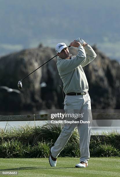 Trahan hits his tee shot on the 18th hole during the first round of the AT&T Pebble Beach National Pro-Am at Pebble Beach Golf Links on February 11,...