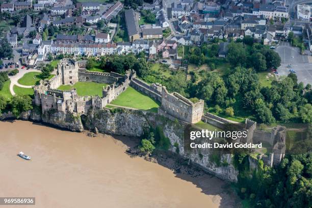 Aerial View of Chepstow Castle, this 12th century welsh fortification is located on the southern banks of the River Wye, just on the edge of Chepstow...