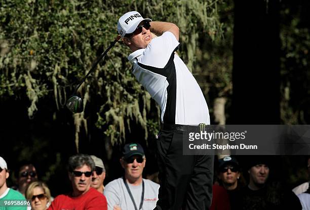 Hunter Mahan hits his tee shot on the eighth hole during the second round of the AT&T Pebble Beach National Pro-Am at Spyglass Hill Golf Course on...