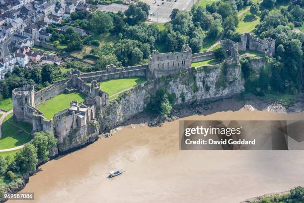 Aerial View of Chepstow Castle, this 12th century welsh fortification is located on the southern banks of the River Wye, just on the edge of Chepstow...