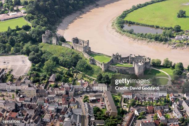 Aerial View of Chepstow Castle, this 12th century welsh fortification is located on the southern banks of the River Wye, just on the edge of Chepstow...