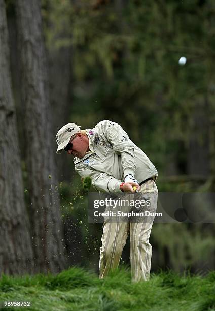 John Daly hits his tee shot on the 12th hole during the second round of the AT&T Pebble Beach National Pro-Am at Spyglass Hill Golf Course on...