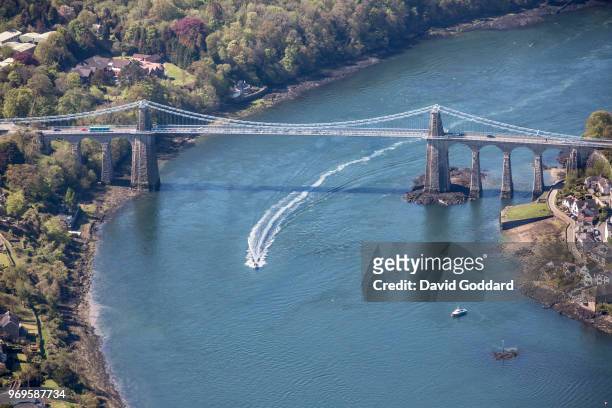 Aerial Photograph of the Menai Bridge spanning the Menai Strait linking the island of Anglesey to mainland of Wales, on May 5th Photograph by David...