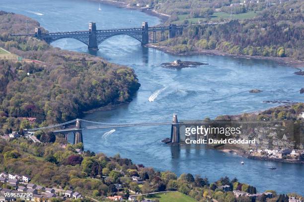 Aerial Photograph of the Britannia Bridge spanning the Menai Strait linking the island of Anglesey to mainland of Wales on Anglesey, May 5th...