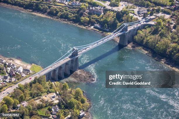 Aerial Photograph of the Menai Bridge spanning the Menai Strait linking the island of Anglesey to mainland of Wales, on May 5th Photograph by David...