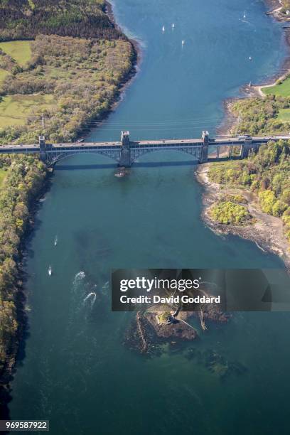 Aerial Photograph of the Britannia Bridge spanning the Menai Strait linking the island of Anglesey to mainland of Wales on Anglesey, May 5th...