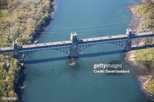 Aerial Photograph of the Britannia Bridge spanning the Menai Strait linking the island of Anglesey to mainland of Wales on Anglesey, May 5th...