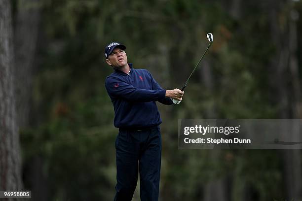 Davis Love III hits his tee shot on the 12th hole during the second round of the AT&T Pebble Beach National Pro-Am at Spyglass Hill Golf Course on...