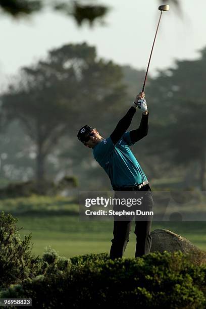 Ricky Barnes hits his tee shot on the 10th hole during the third round of the AT&T Pebble Beach National Pro-Am at Monterey Peninsula Country Club on...