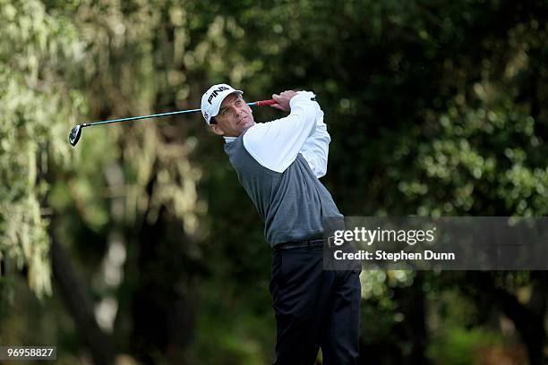 Kevin Sutherland hits his tee shot on the eighth hole during the second round of the AT&T Pebble Beach National Pro-Am at Spyglass Hill Golf Course...