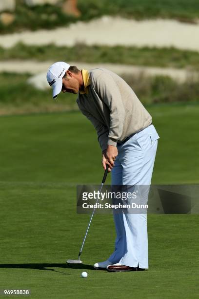 Matt Jones putts during the third round of the AT&T Pebble Beach National Pro-Am at Monterey Peninsula Country Club on February 13, 2010 in Pebble...
