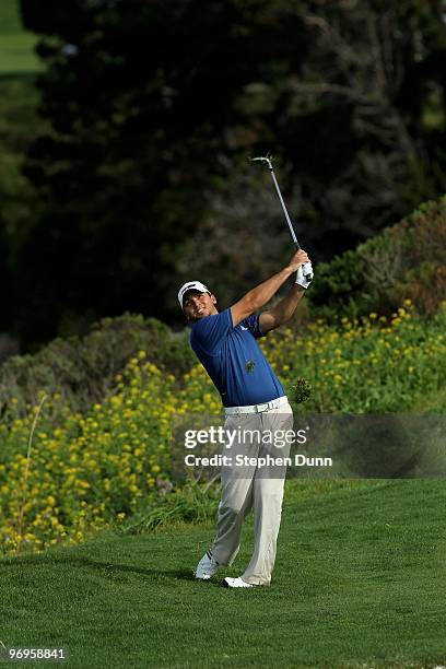 Jason Day hits his second shot on the sixth hole during the first round of the AT&T Pebble Beach National Pro-Am at Pebble Beach Golf Links on...
