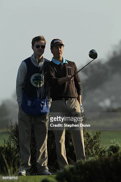 Parker McLachlin lines up his tee shot on the 10th hole during the third round of the AT&T Pebble Beach National Pro-Am at Monterey Peninsula Country...